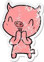 distressed sticker of a happy cartoon pig vector