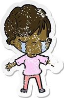 distressed sticker of a cartoon woman crying vector