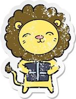 pegatina angustiada de un león de dibujos animados con regalo de navidad vector