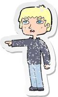 retro distressed sticker of a cartoon boy pointing vector