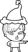 line drawing of a surprised girl pointing wearing santa hat vector