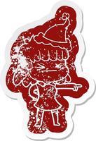 cartoon distressed sticker of a woman wearing santa hat vector