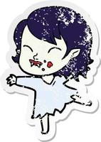 distressed sticker of a cartoon vampire girl with blood on cheek vector