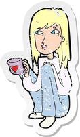 retro distressed sticker of a cartoon woman sitting with cup of coffee vector