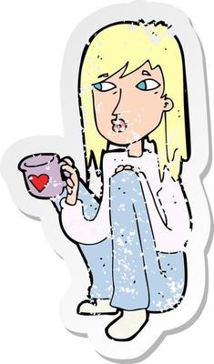 retro distressed sticker of a cartoon woman sitting with cup of coffee