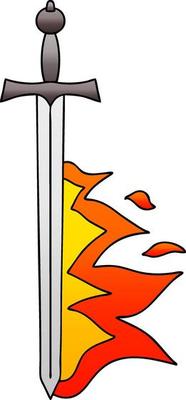 quirky gradient shaded cartoon flaming sword