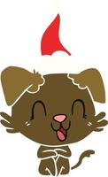 laughing flat color illustration of a dog wearing santa hat vector