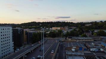 Drone's high angle Aerial view of City Center of Luton Town of England and Train Station photo