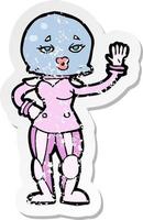 retro distressed sticker of a cartoon female astronaut vector