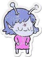 distressed sticker of a cartoon alien girl vector