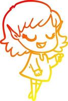 warm gradient line drawing happy cartoon elf girl pointing vector