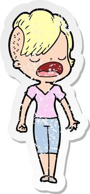 distressed sticker of a cartoon cool hipster girl talking