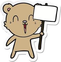 sticker of a happy cartoon bear with placard vector