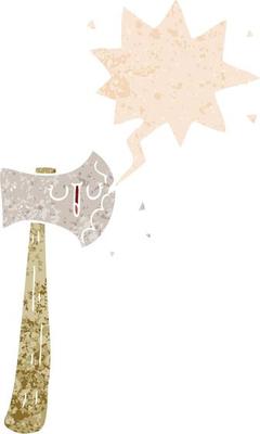 cartoon axe and speech bubble in retro textured style