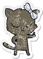 distressed sticker of a cute cartoon cat with bow vector