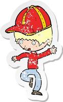 retro distressed sticker of a cartoon boy in cap vector