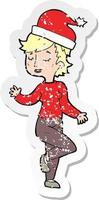 retro distressed sticker of a cartoon woman getting ready for christmas vector