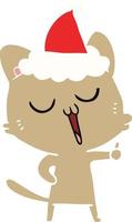 flat color illustration of a cat singing wearing santa hat vector