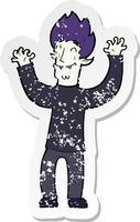 retro distressed sticker of a cartoon happy vampire man vector