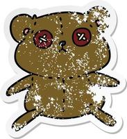 distressed sticker cartoon of a cute stiched up teddy bear vector