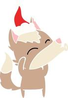 howling wolf flat color illustration of a wearing santa hat vector