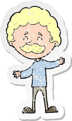 retro distressed sticker of a cartoon happy man with mustache