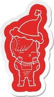 cartoon  sticker of a girl wearing futuristic clothes wearing santa hat vector