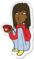 sticker of a cartoon woman sitting with cup of coffee vector