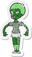 retro distressed sticker of a cartoon zombie monster woman vector