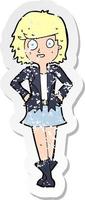 retro distressed sticker of a cartoon girl in jacket vector