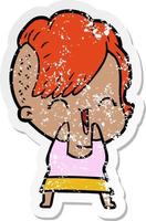 distressed sticker of a cartoon happy hipster girl vector