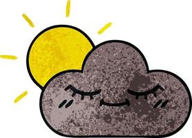 retro grunge texture cartoon storm cloud and sun vector