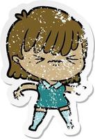 distressed sticker of a annoyed cartoon girl vector