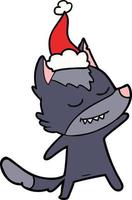 friendly line drawing of a wolf wearing santa hat vector