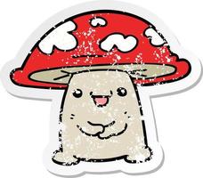 distressed sticker of a cartoon mushroom character vector