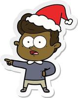 sticker cartoon of a staring man wearing santa hat vector