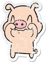 distressed sticker of a nervous cartoon pig vector