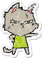 distressed sticker of a tough cartoon cat girl pointing vector