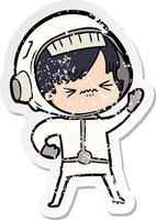 distressed sticker of a angry cartoon space girl vector