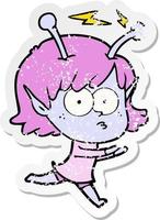 distressed sticker of a cartoon alien girl vector