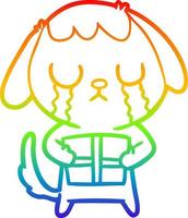dibujo de línea de gradiente de arco iris lindo perro de dibujos animados con regalo de navidad vector