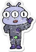 distressed sticker of a cartoon three eyed alien vector