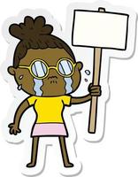 sticker of a cartoon crying woman wearing spectacles vector