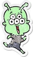 distressed sticker of a happy cartoon alien running vector