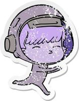 distressed sticker of a cartoon curious astronaut vector