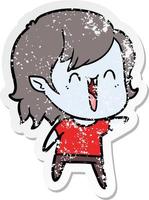 distressed sticker of a cute cartoon happy vampire girl vector