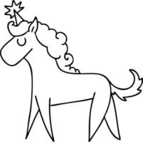 quirky line drawing cartoon unicorn vector