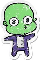 distressed sticker of a cartoon weird bald spaceman vector