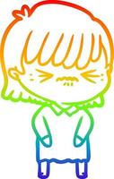 rainbow gradient line drawing annoyed cartoon girl vector