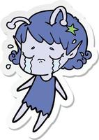 sticker of a cartoon crying alien girl vector